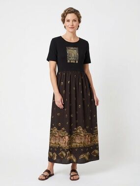 VTG 90s Molly Malloy Safari Maxi Dress Elephant Giraffe African Art Print 12